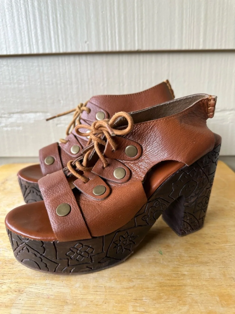 Free People Farrah Brown Leather Wooden Heel Engraved Platform Sandal Brown